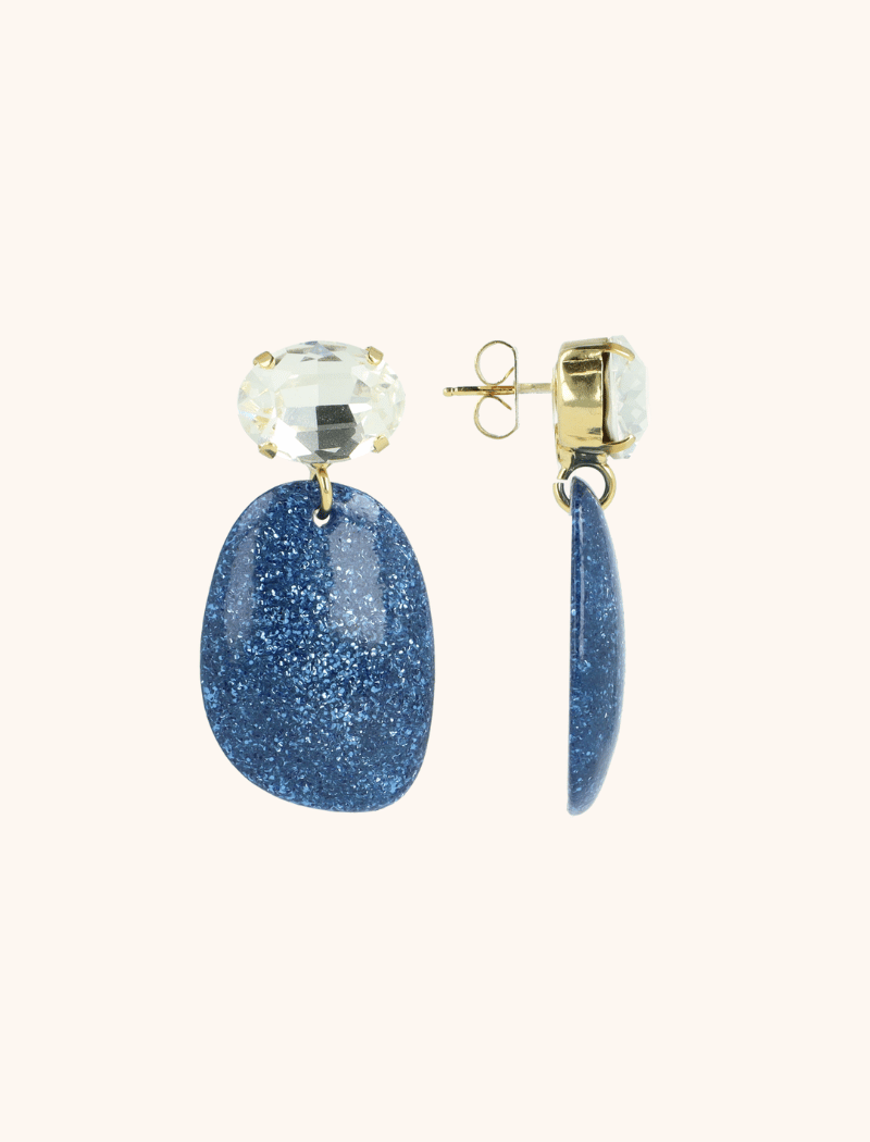 Blue Glitter Earrings Little Sara Asymmetrical Crystal Oval S