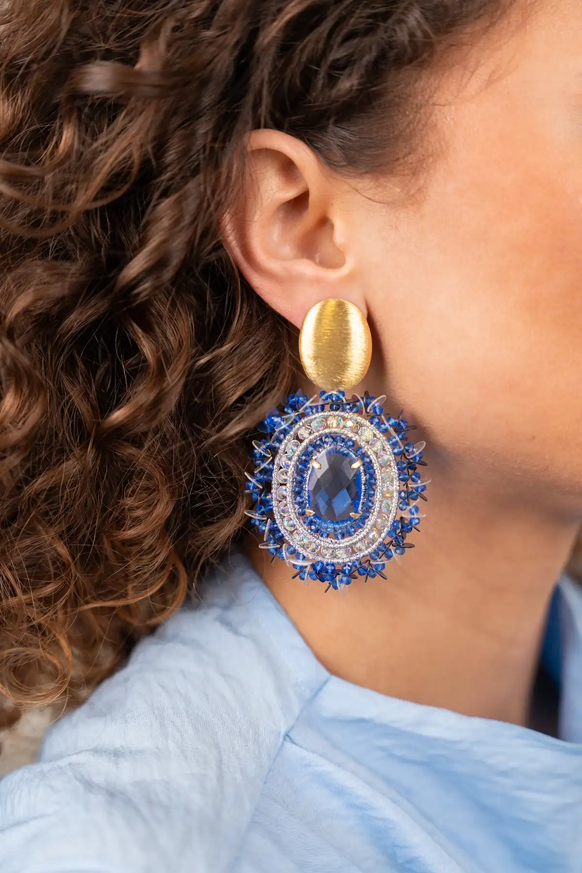 Blauwe Oorbellen Venna Filled Oval with Sequins L 