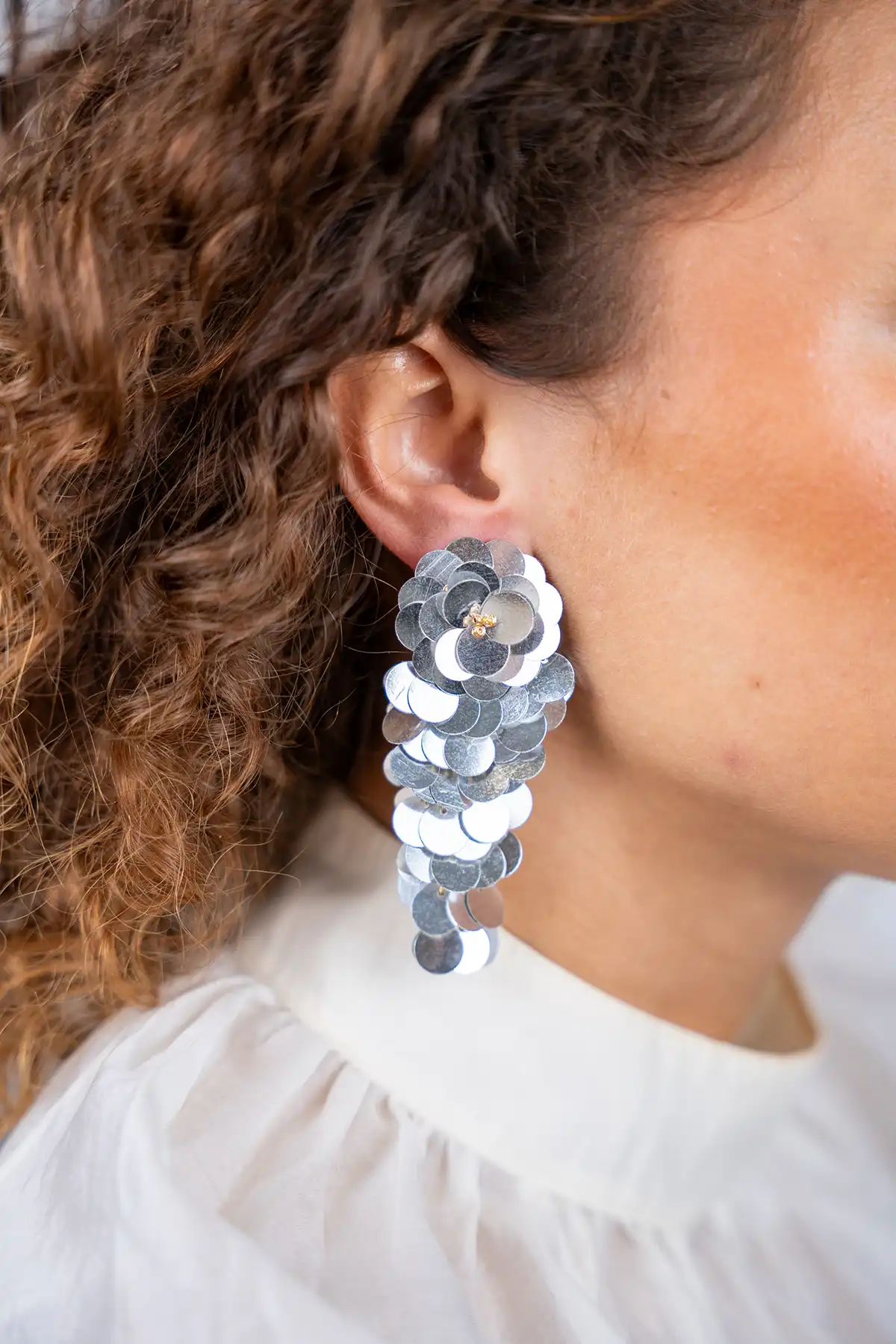 Silver Sequin Earrings Waterfall L