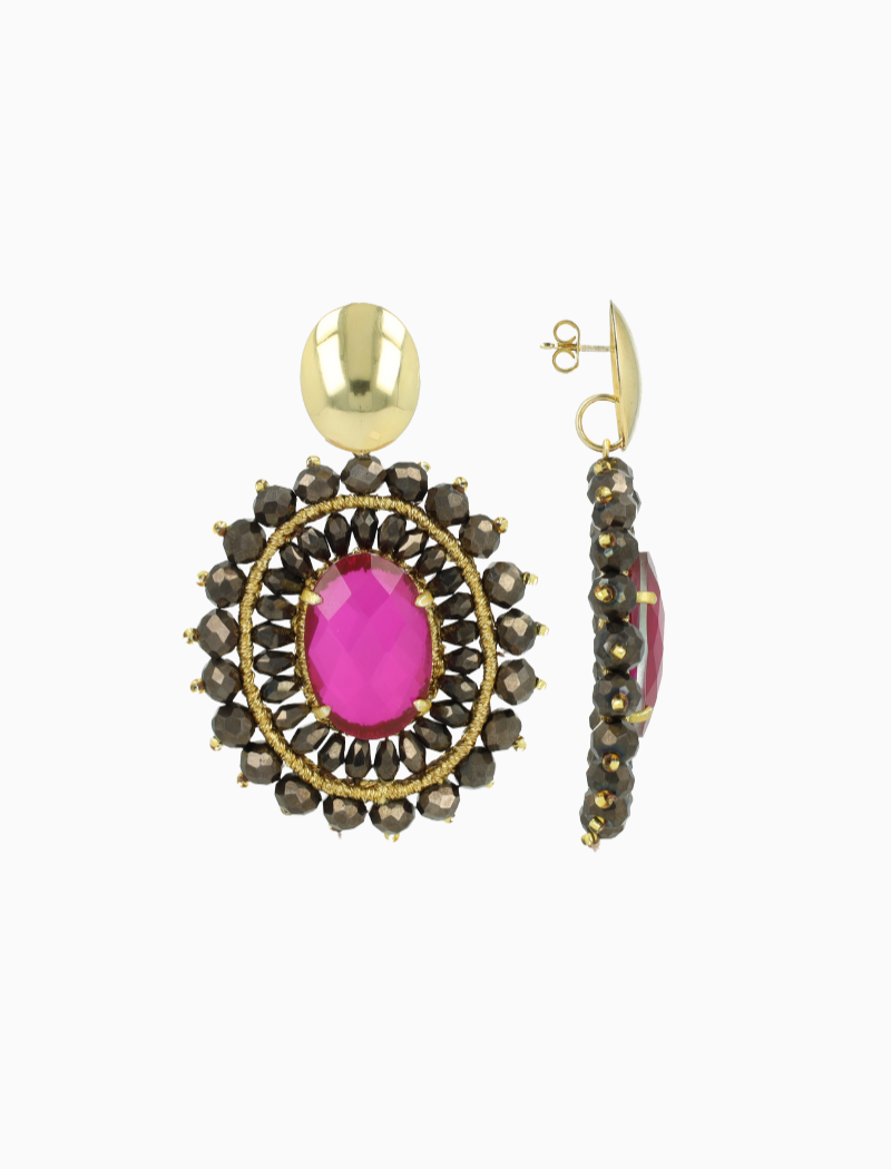 Metallic Bruine Fuchsia Oorbellen Roxx Ovaal Crystal Dubbele Quartz L