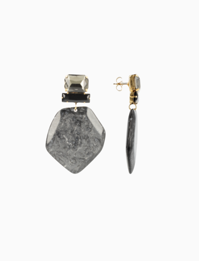 Marble Zwarte Oorbellen Simone Asymmetrisch Rock XL Strass