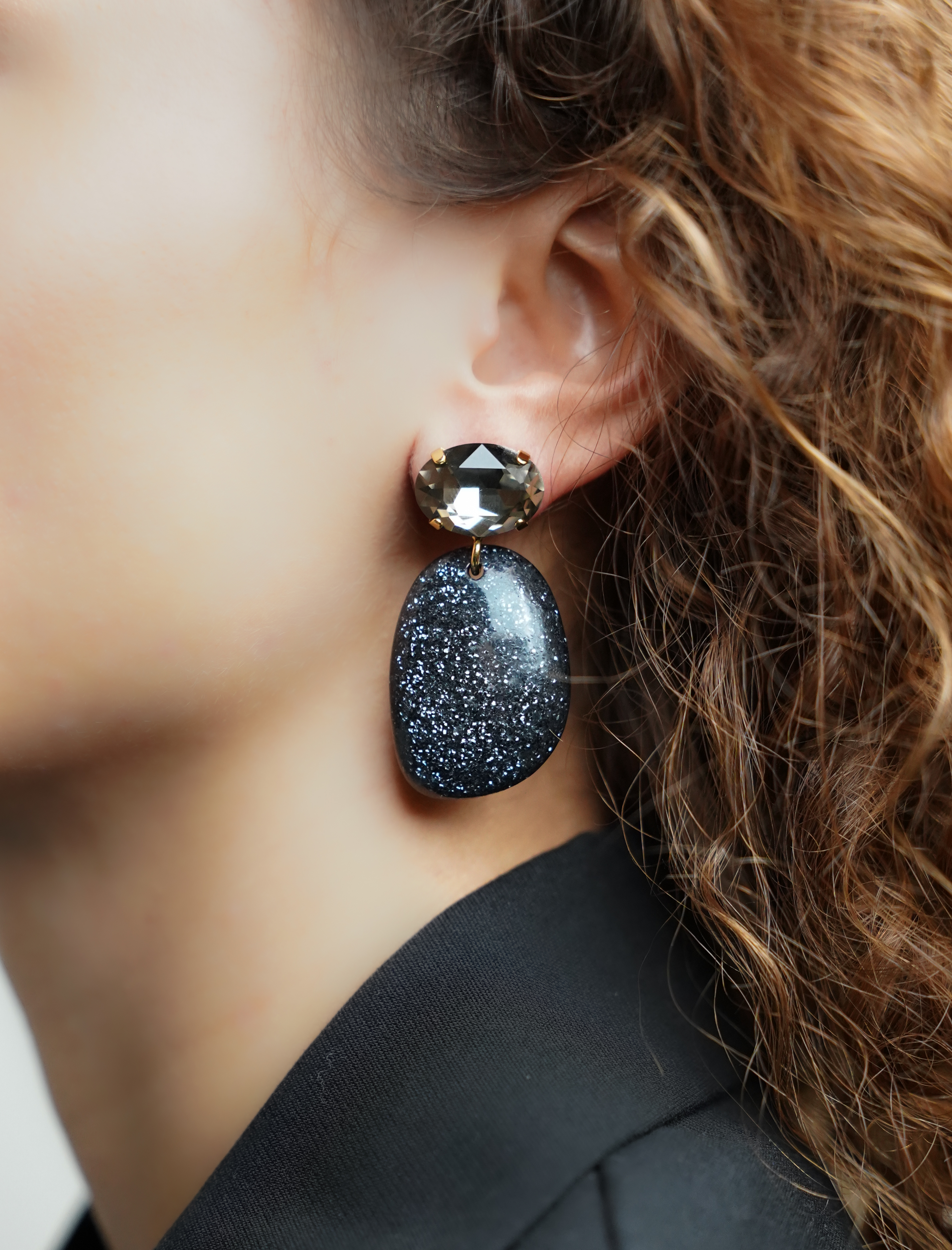 Black Glitter Earrings Little Sara Asymmetrical Oval S