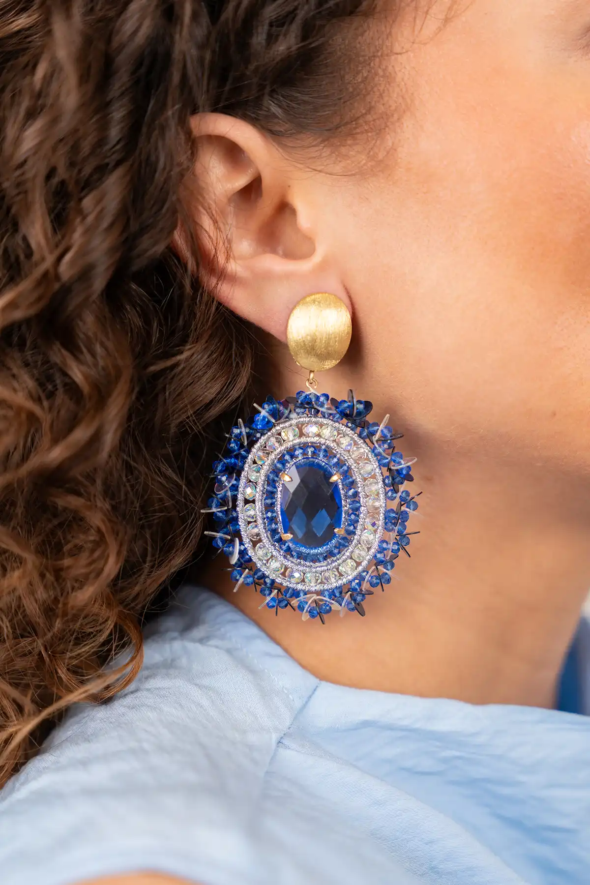 Blauwe Oorbellen Venna Filled Oval with Sequins L Clip