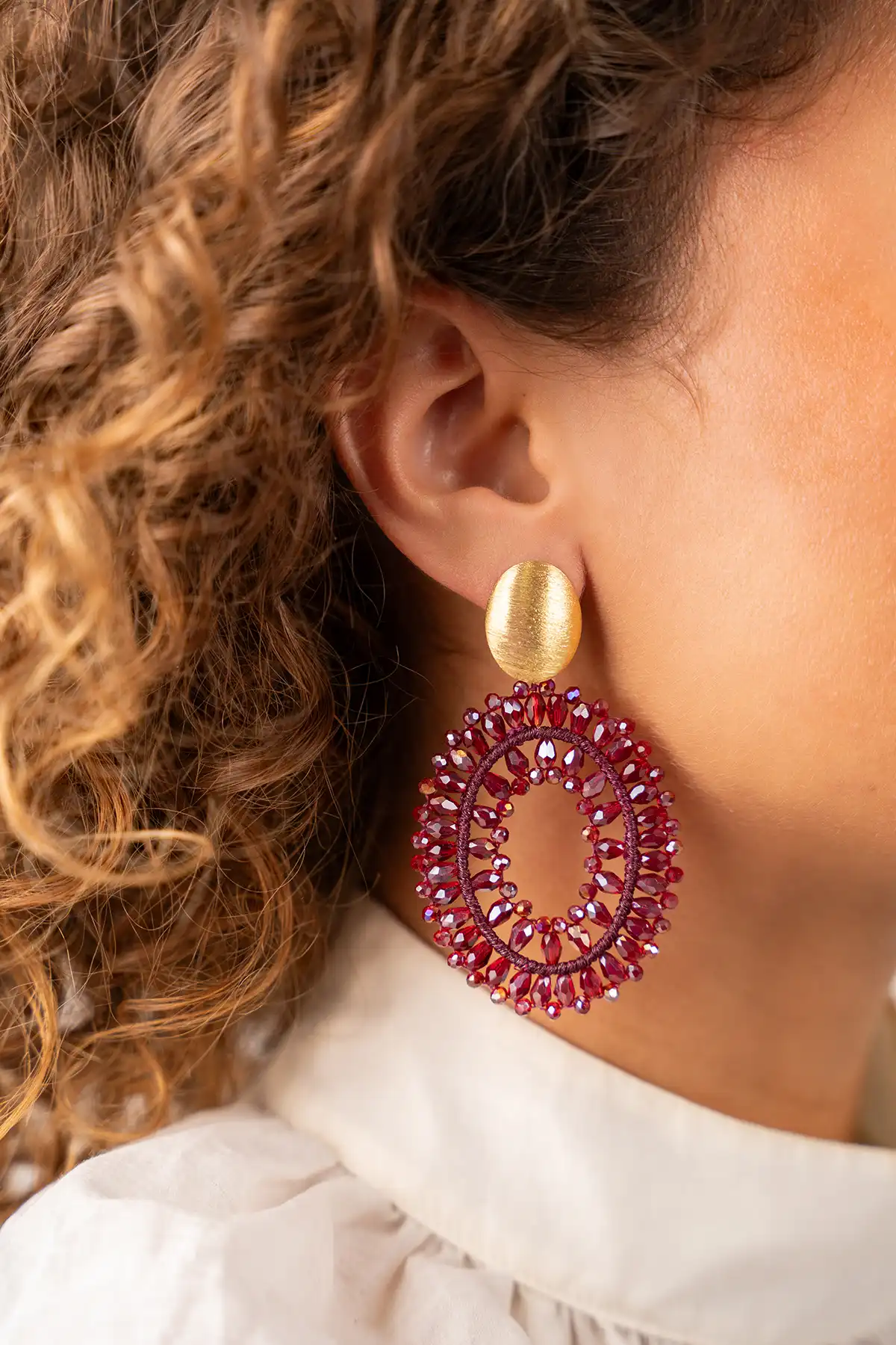 Metallic Bordeaux Oorbellen  Noa Ovaal Double S