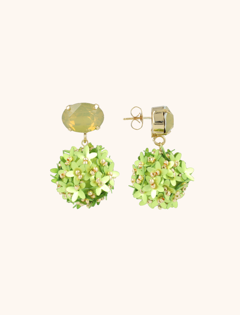 Lime oorbellen Daisy flower globe M strass sand