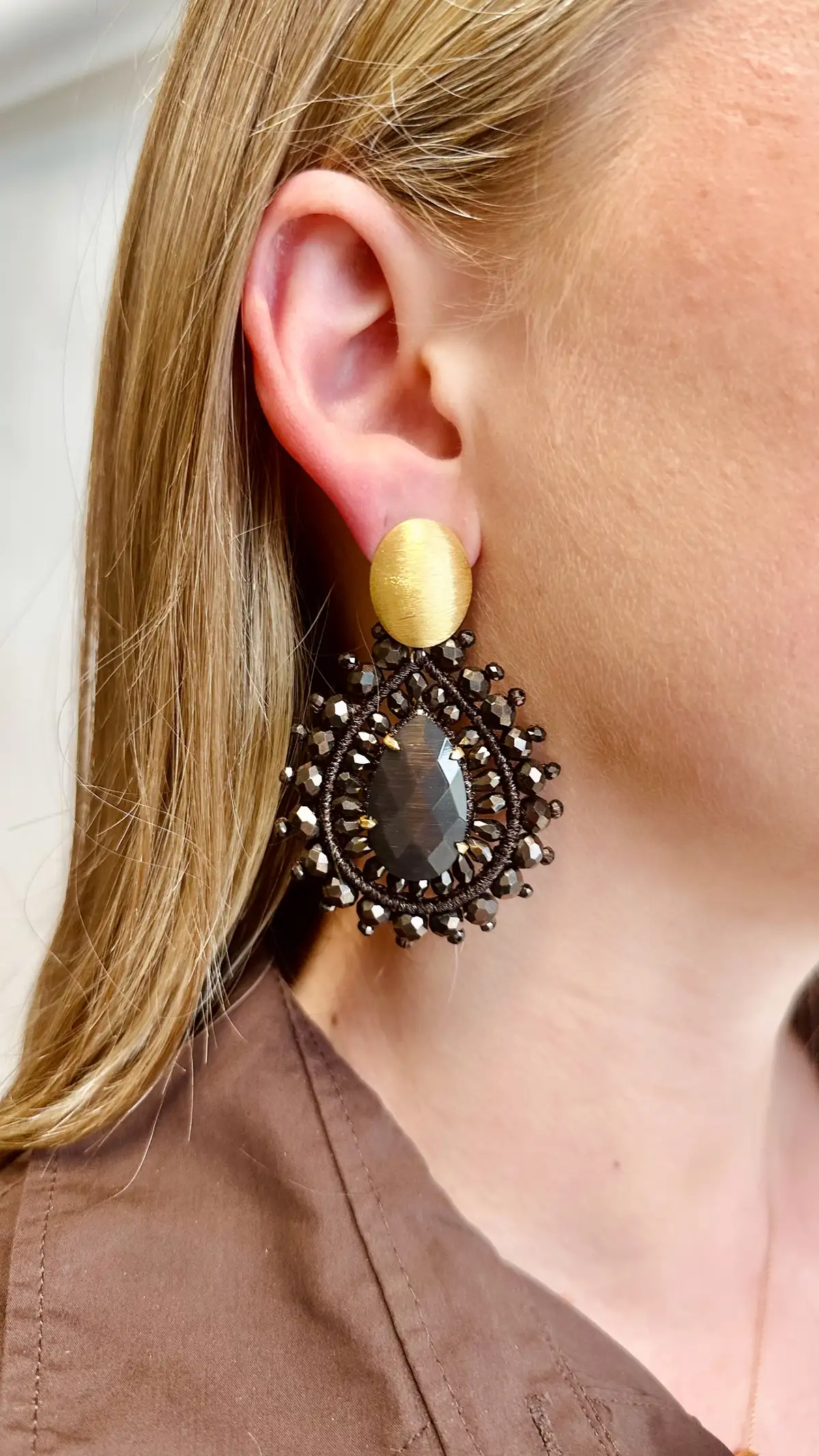 Metallic Bruine Oorbellen Double Quartz Crystal Drop L