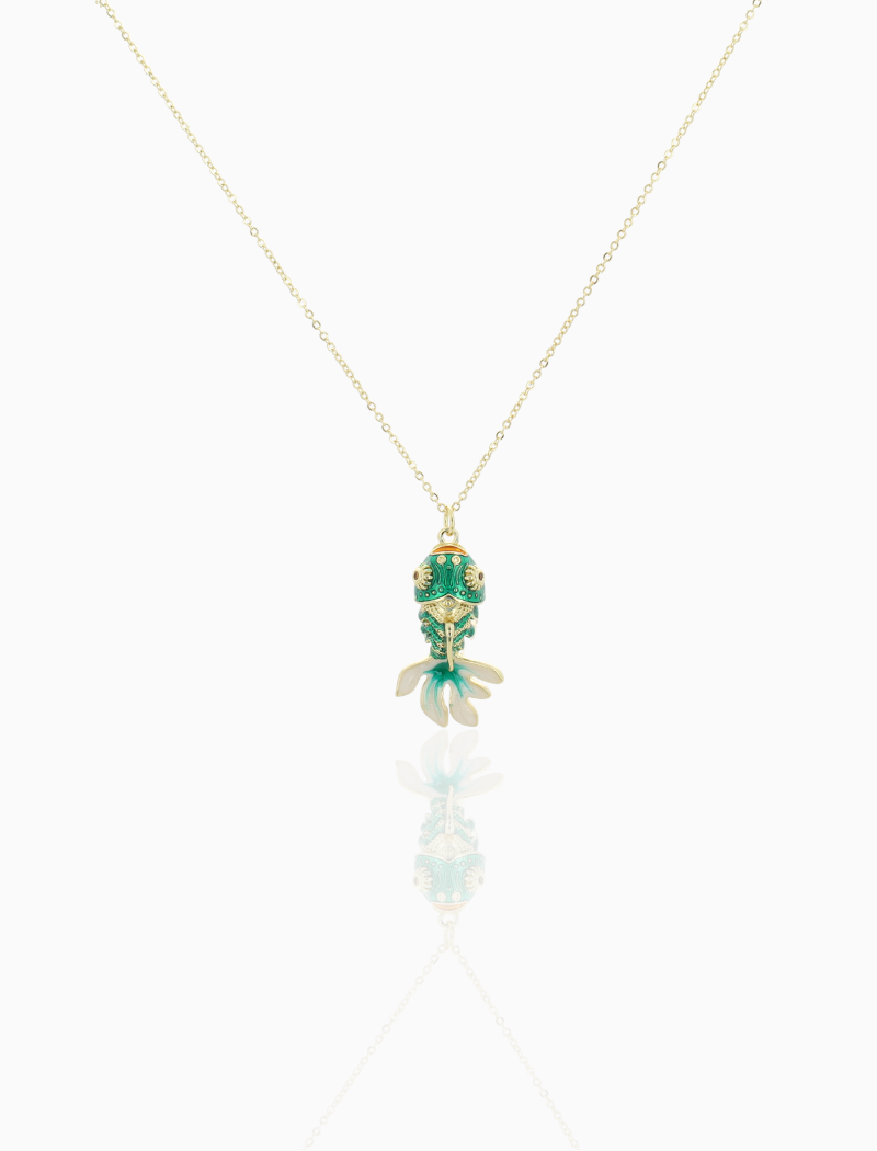 Gold Colored Necklace Charm Fish Green Off White M