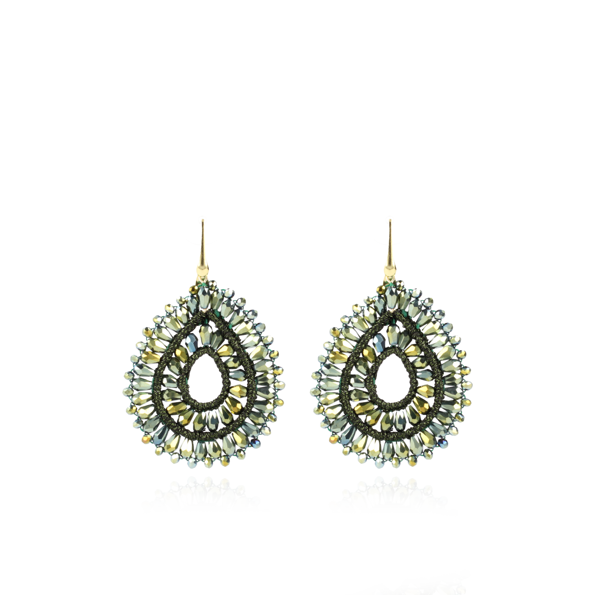 Metallic Green Earrings Silk Drop Double Crystal 