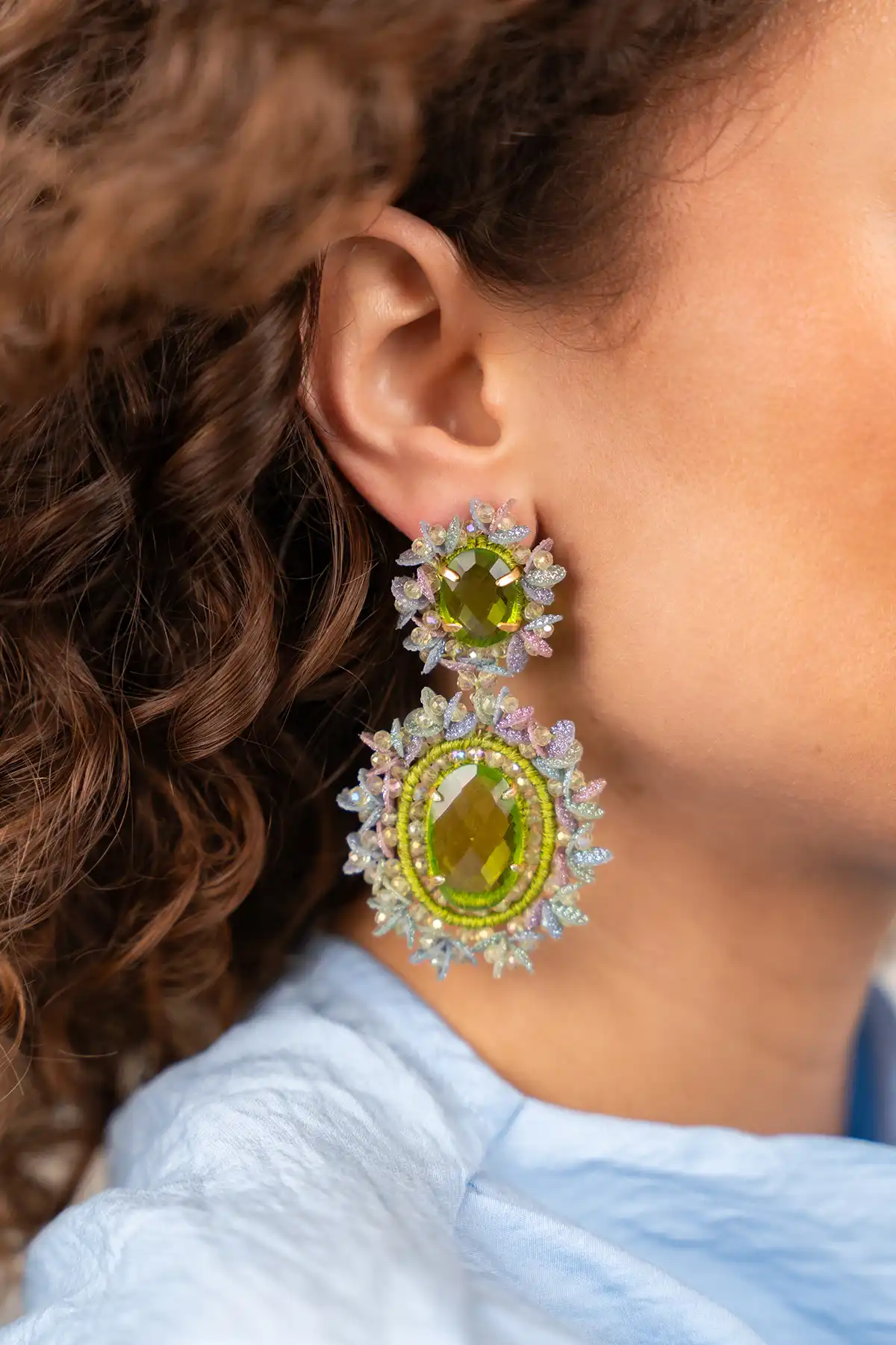 Groene Oorbellen Lara Pendant Earring Double w/ Sequins L