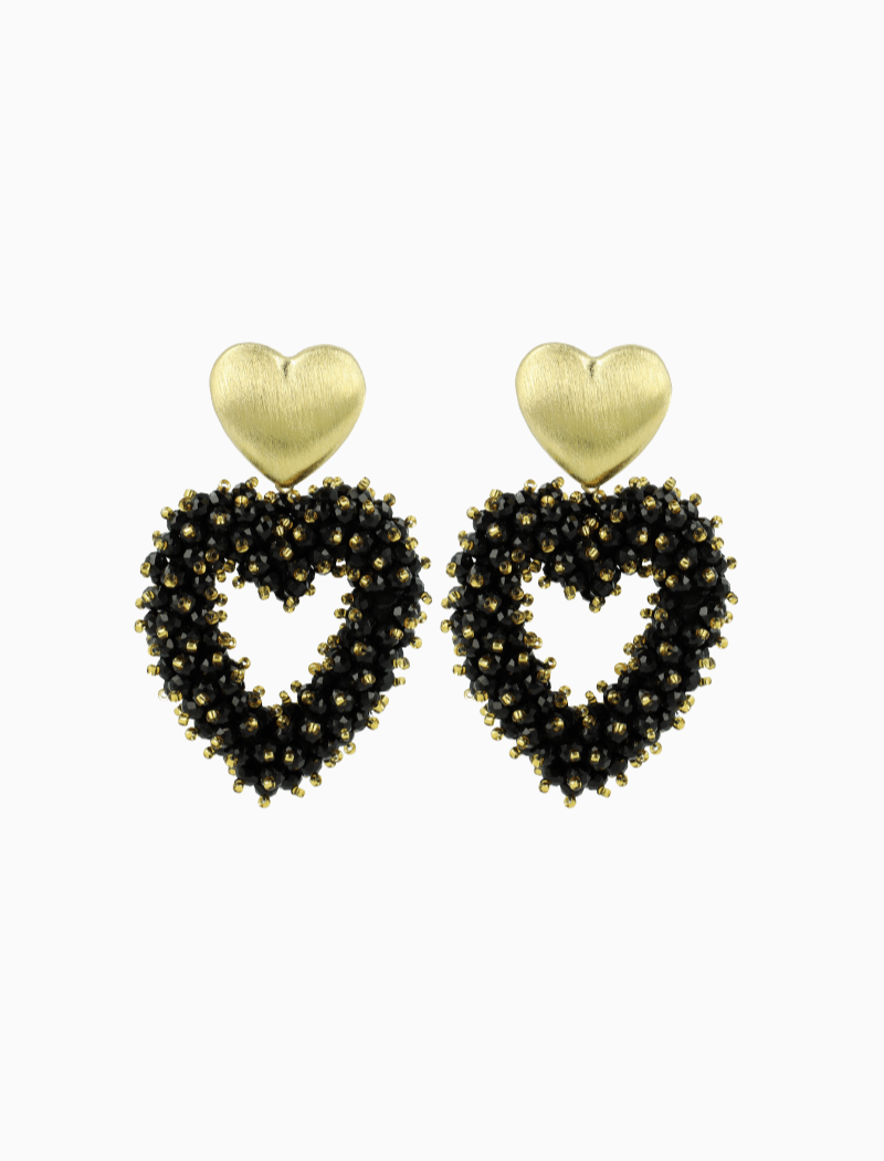 Zwarte Oorbellen Valentina Brushed Hart Double Stones