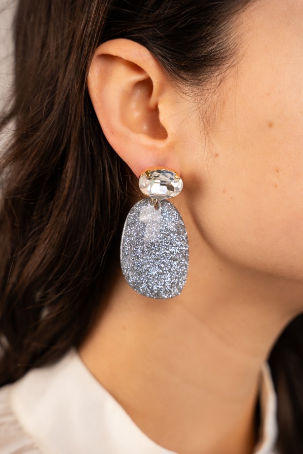 Silver Glitter Earrings Aurora Oval L Crystal