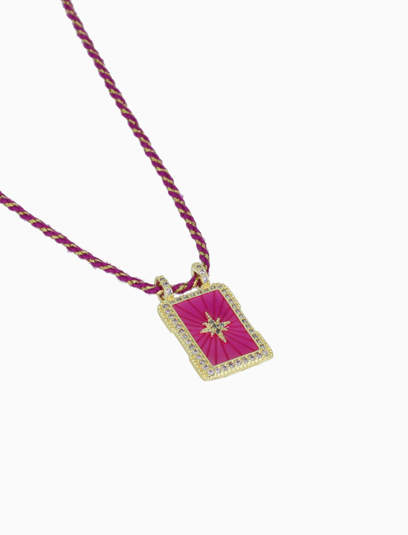 Necklace Rectangle Star - Purple/Fuchsia/Crystal