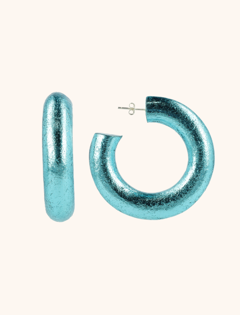 Wooden Earrings Hoop Hoop L Metallic Light Blue