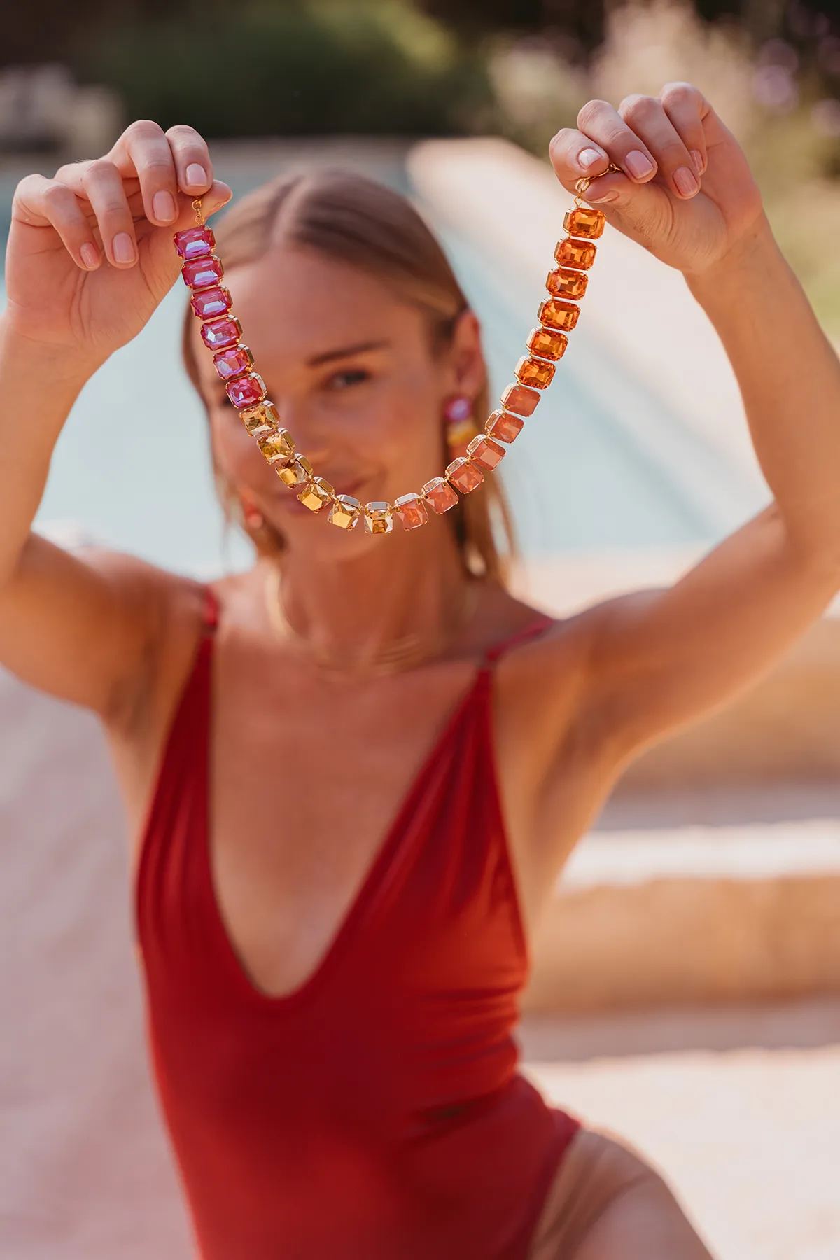 Oranje/roze Ketting Eloise Rectangle Stones M