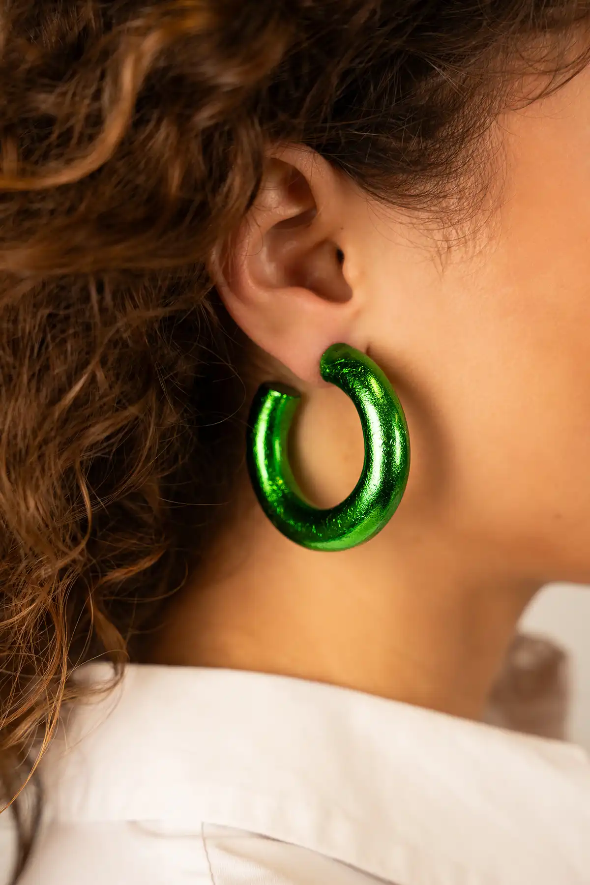 Wooden Earrings Hoop Hoop L Metallic Green