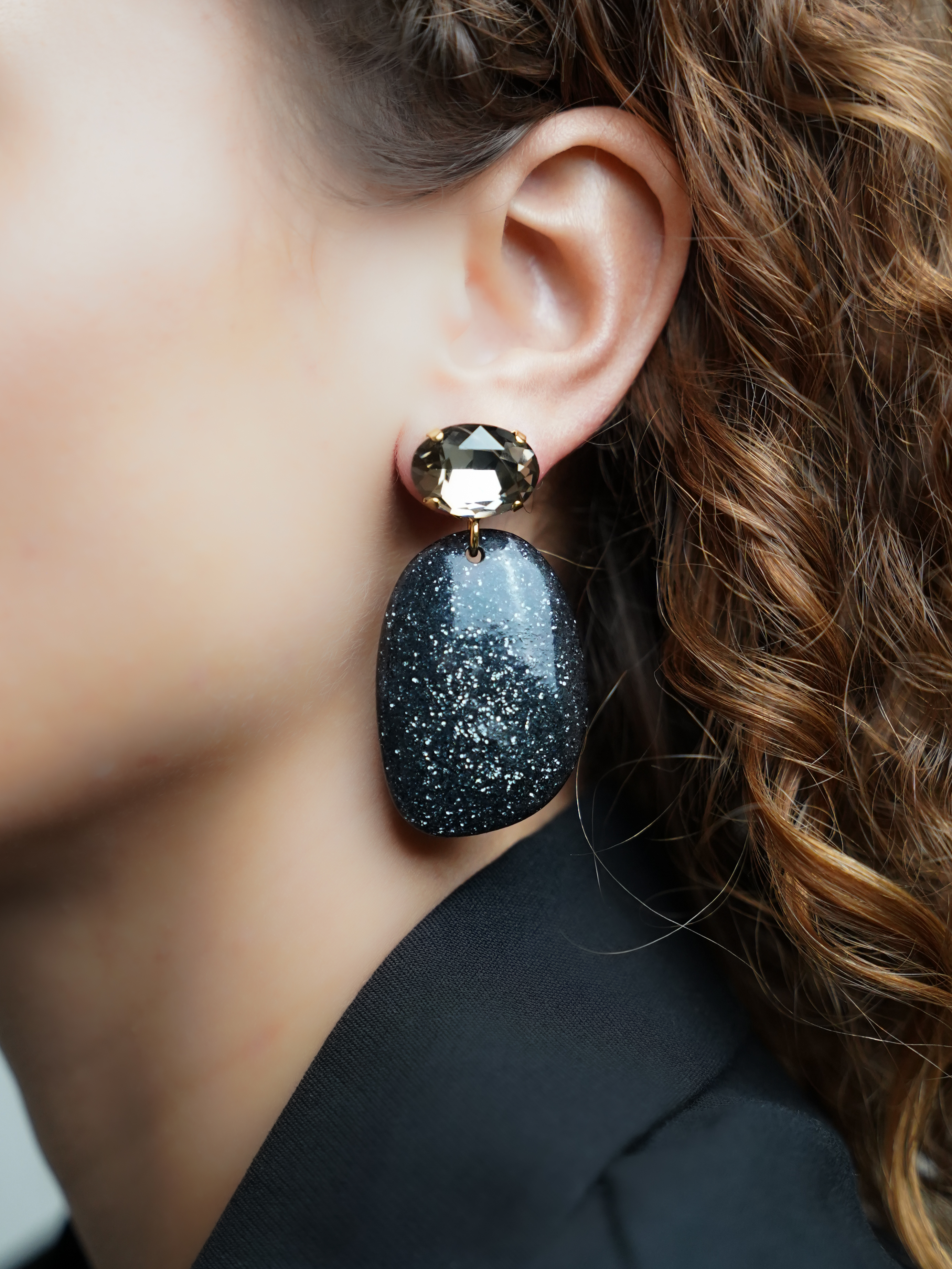 Black Glitter Earrings Aurora Oval L Strass