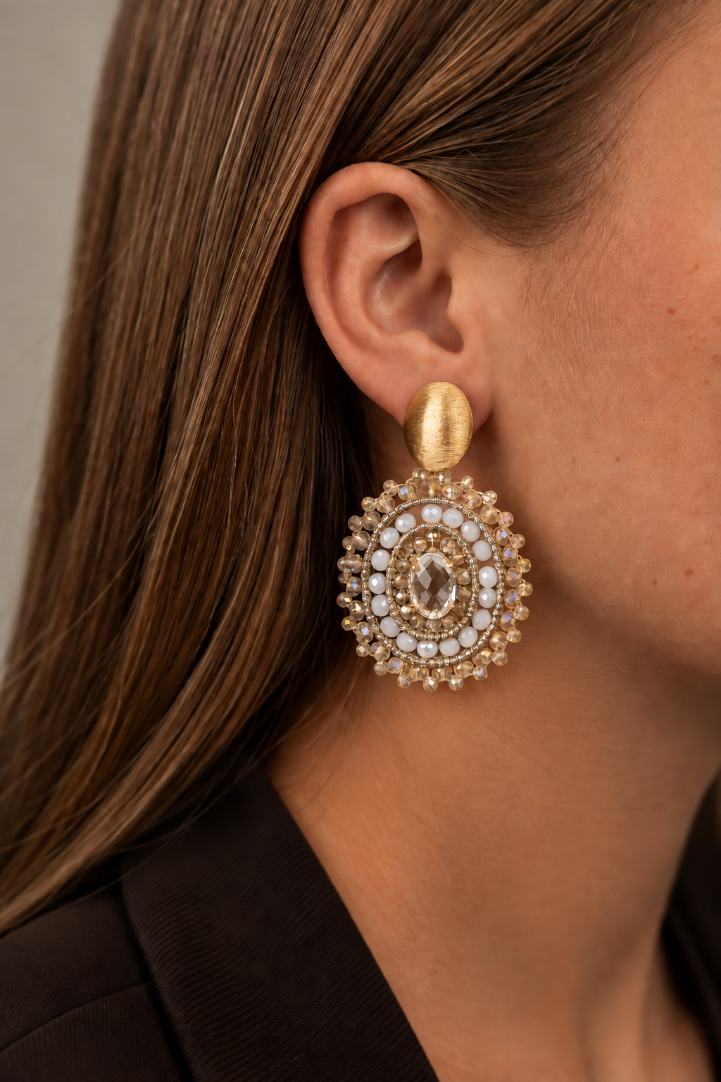 Jamie – Filled Oval 3 Rings with Stone Earrings M – Nude