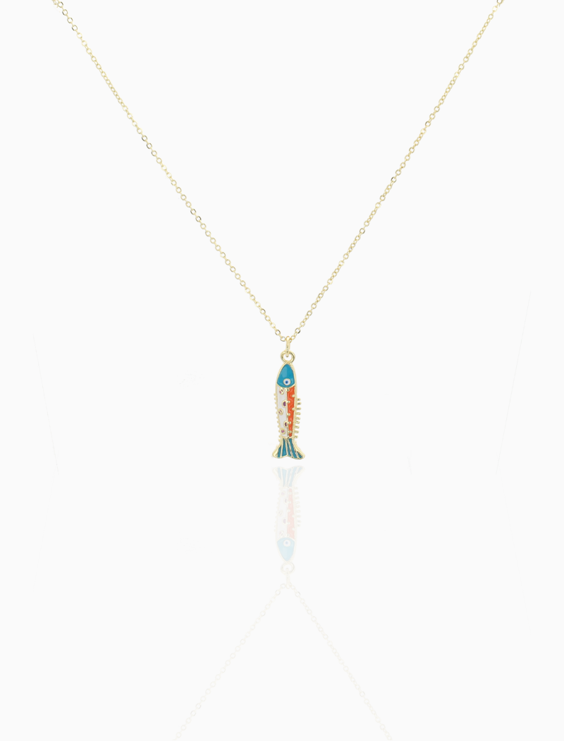 Gold Colored Necklace Charm Fish Red Light Blue S