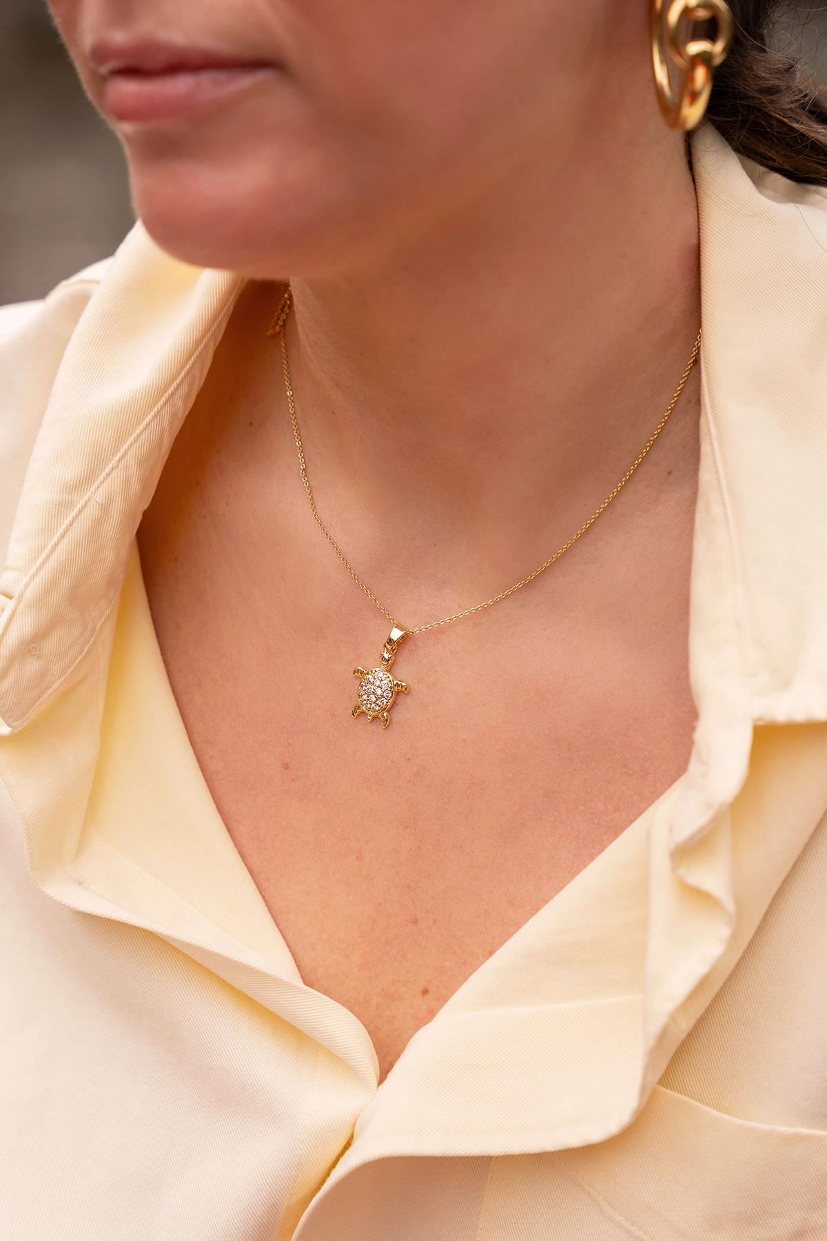 Gold Colored Necklace Turtle with Crystal Stones