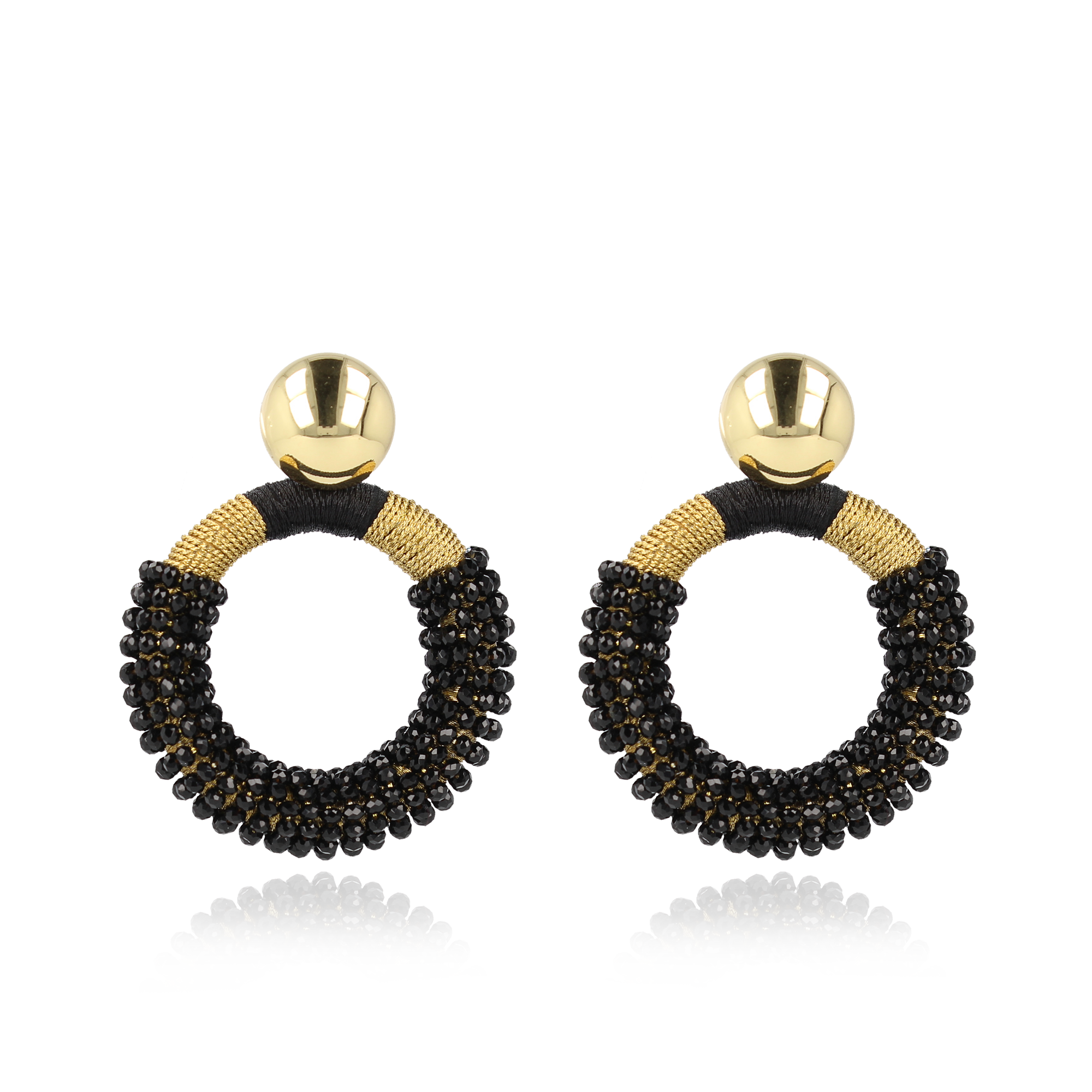 Black  glassberry silk round combi earrings