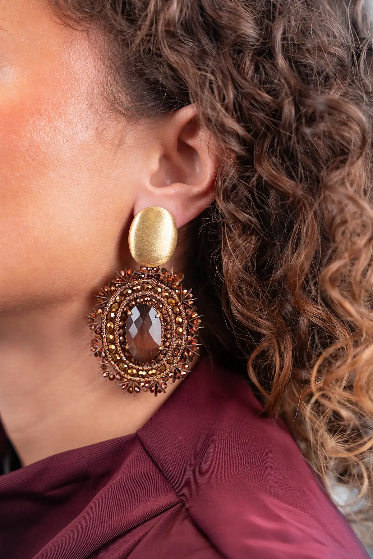 Koperen Oorbel Silk Filled Oval with Sequins L