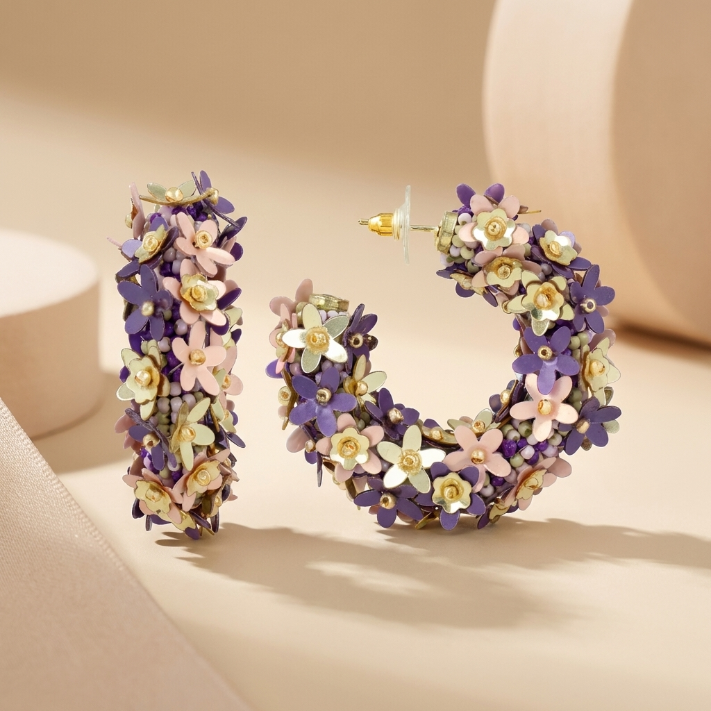 Paarse Sequin Flower Creool Oorbellen M