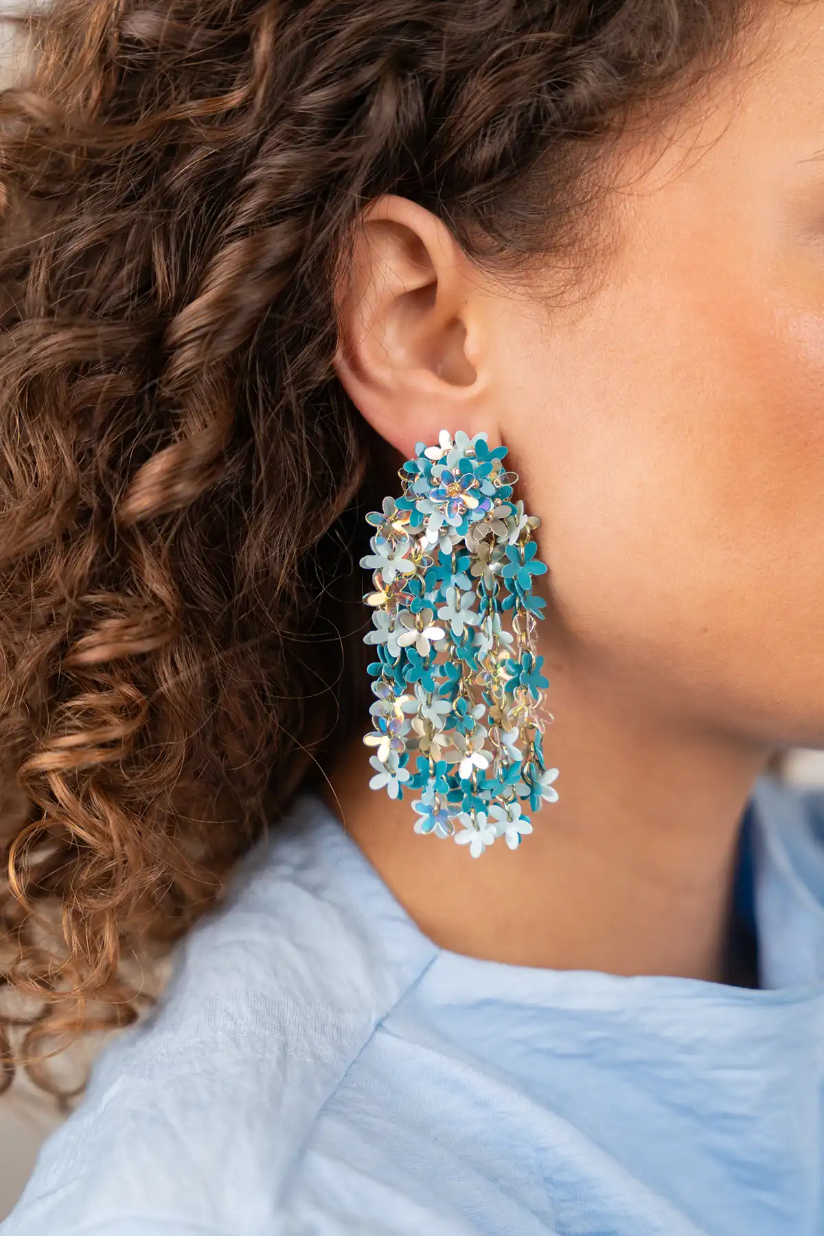 Blue Earrings Fleur Sequin Flower Rain