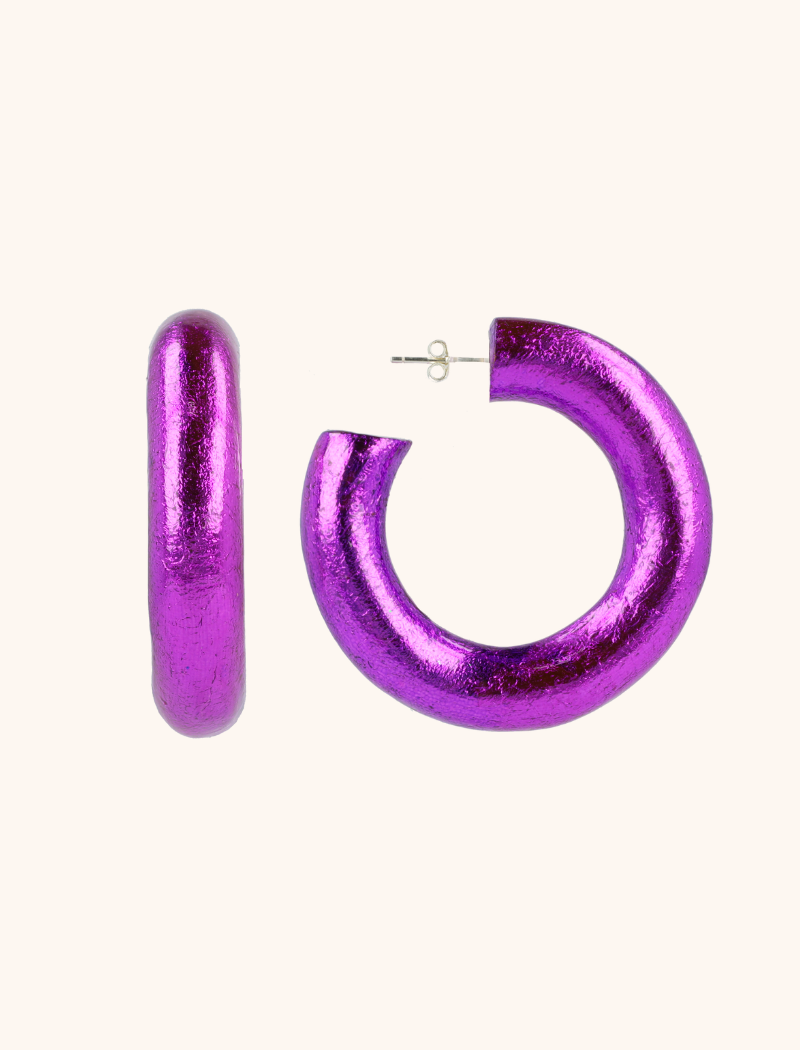 Wooden Earrings Whip Hoop L Metallic Purple