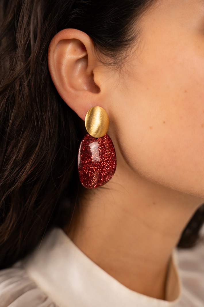 Red Glitter Earrings Little Sara Asymmetrical Oval S