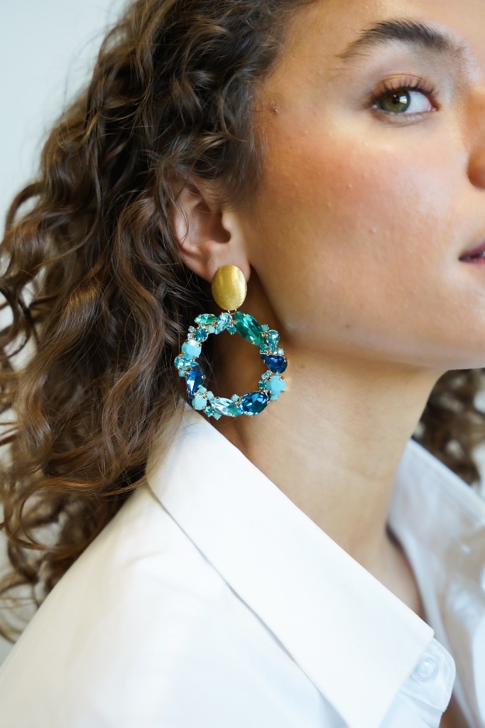 Turquoise oorbellen Strass Lynn Rond