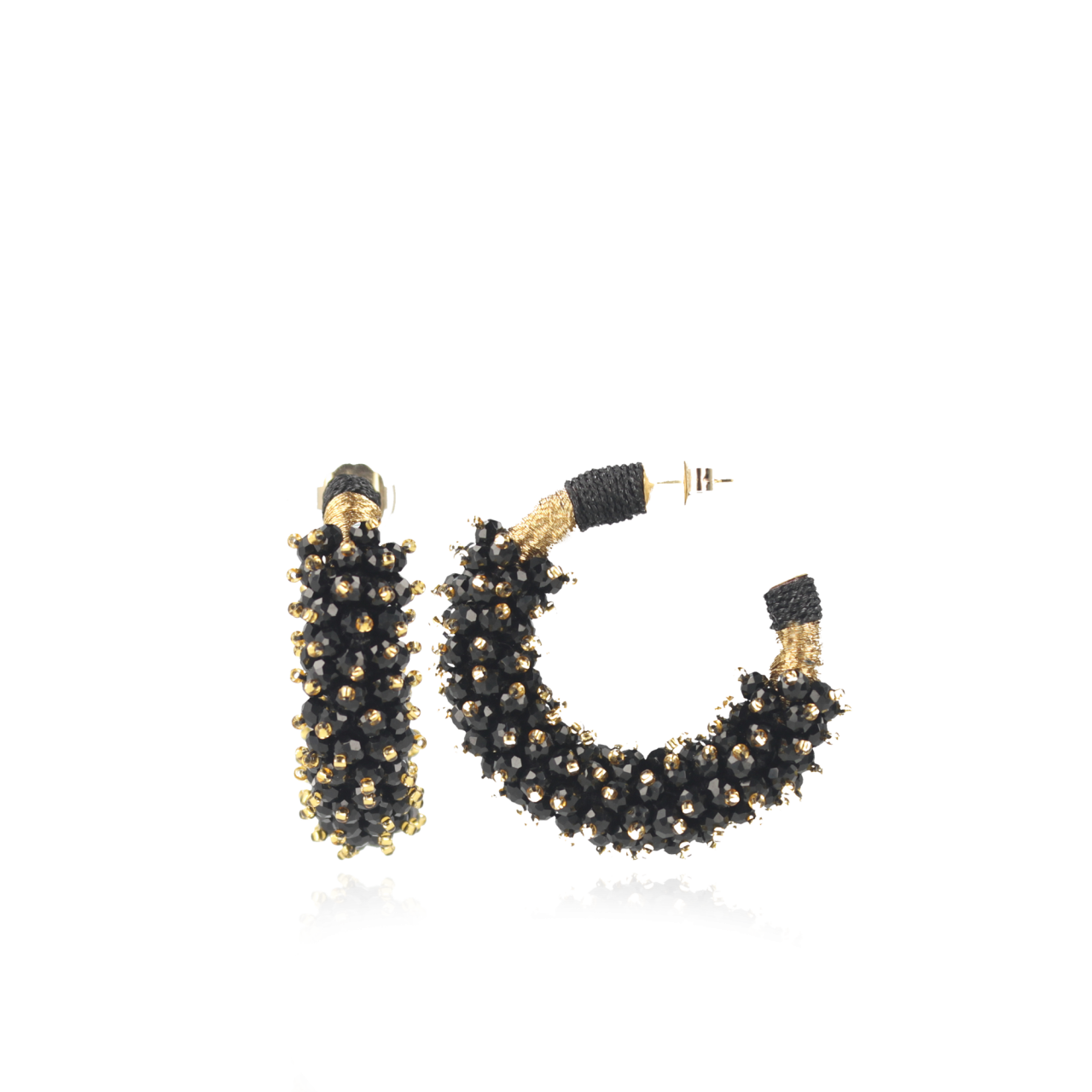 Black Earrings Coco Combi Creole Silk L Double Stones