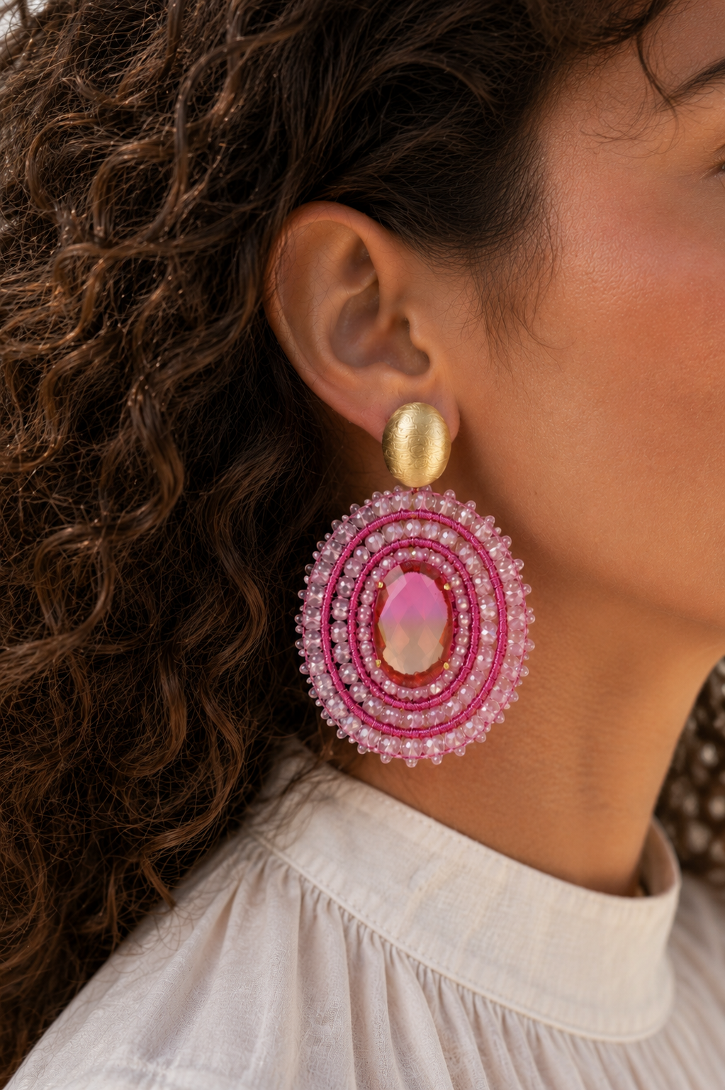 Roze Oorbellen Filled Oval 3 Rings with Stone L Jamie