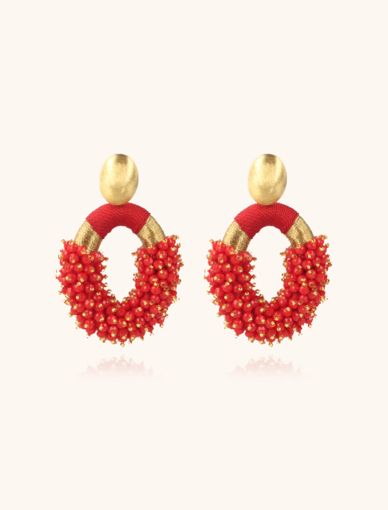 Red Earrings Eve Silk Combi Oval Double Stones