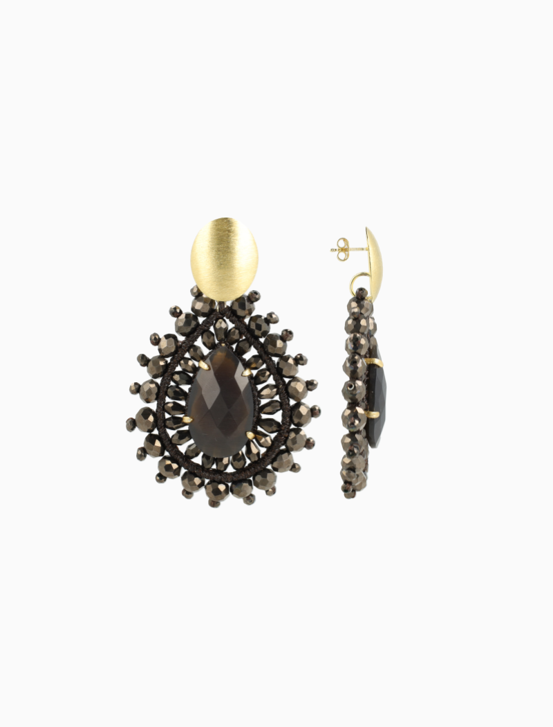 Metallic Brown Earrings Double Quartz Crystal Drop L