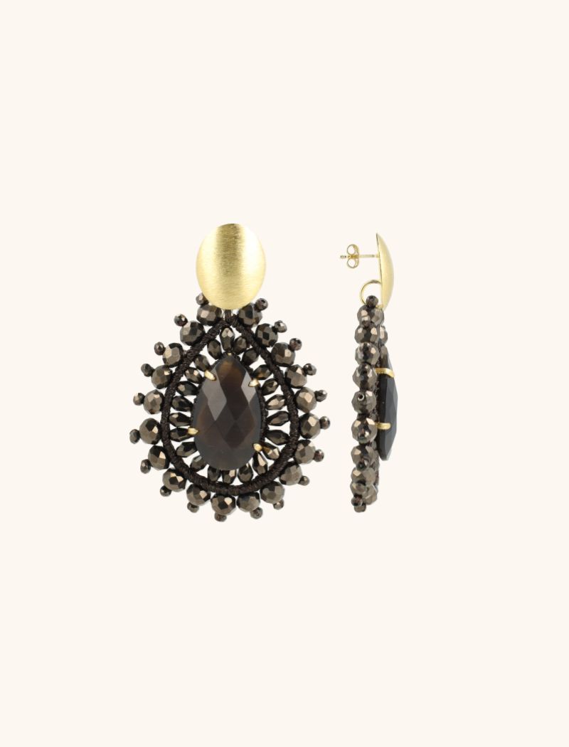 Metallic Bruine Oorbellen Double Quartz Crystal Drop L