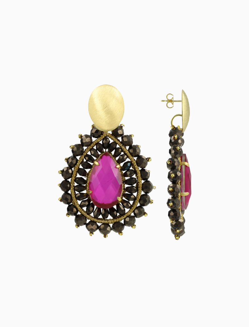 Metallic Brown Fuchsia Earrings Berber Double Quartz Crystal Drop L