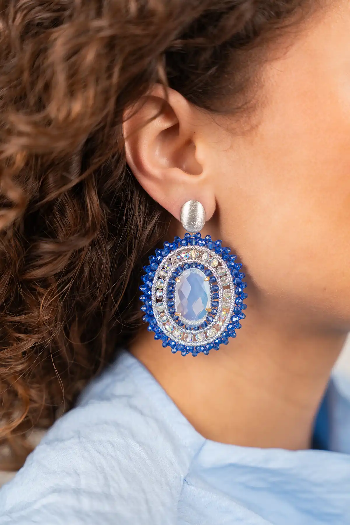 Blauwe Oorbellen Jamie Filled Oval 3 Rings w/ Stone L