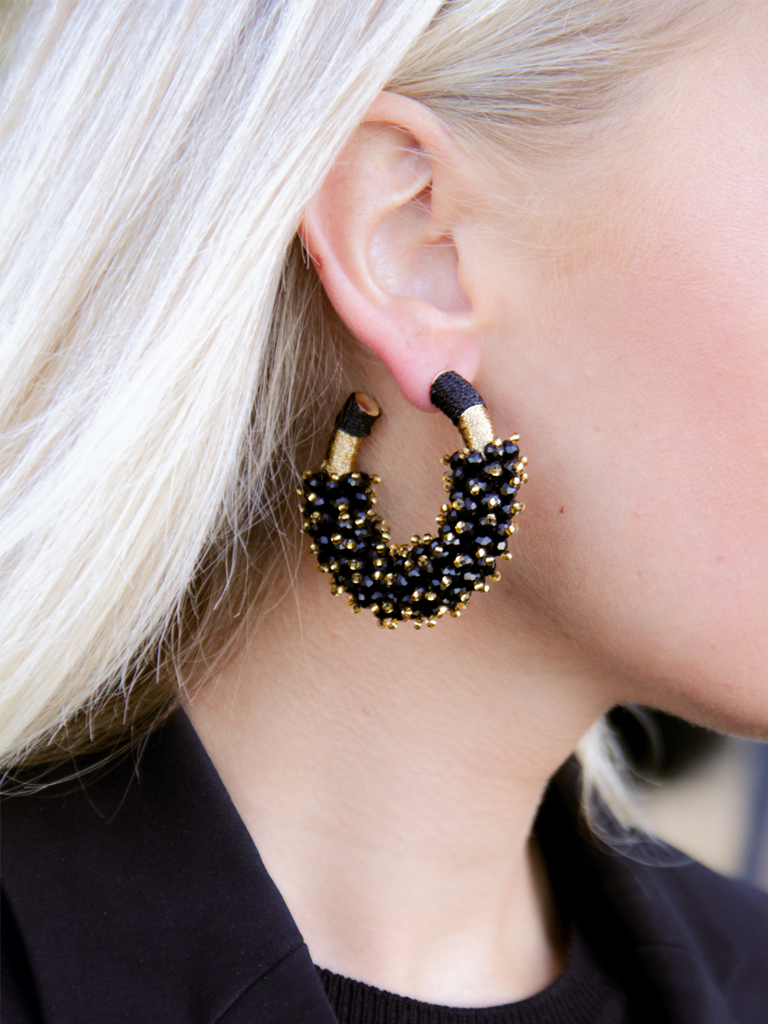 Black Earrings Coco Combi Creole Silk L Double Stones