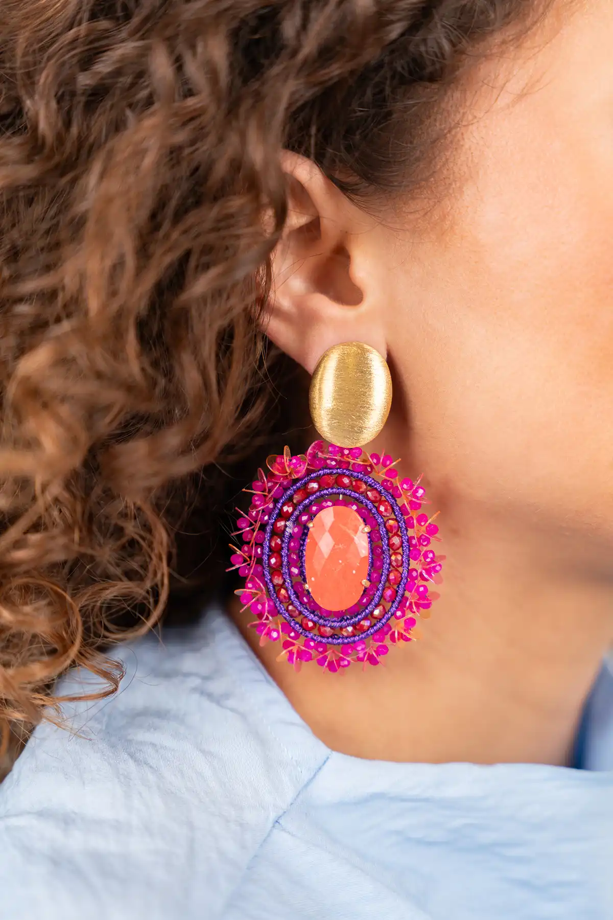 Fuchsia Oorbellen Venna Filled Oval with Sequins L 