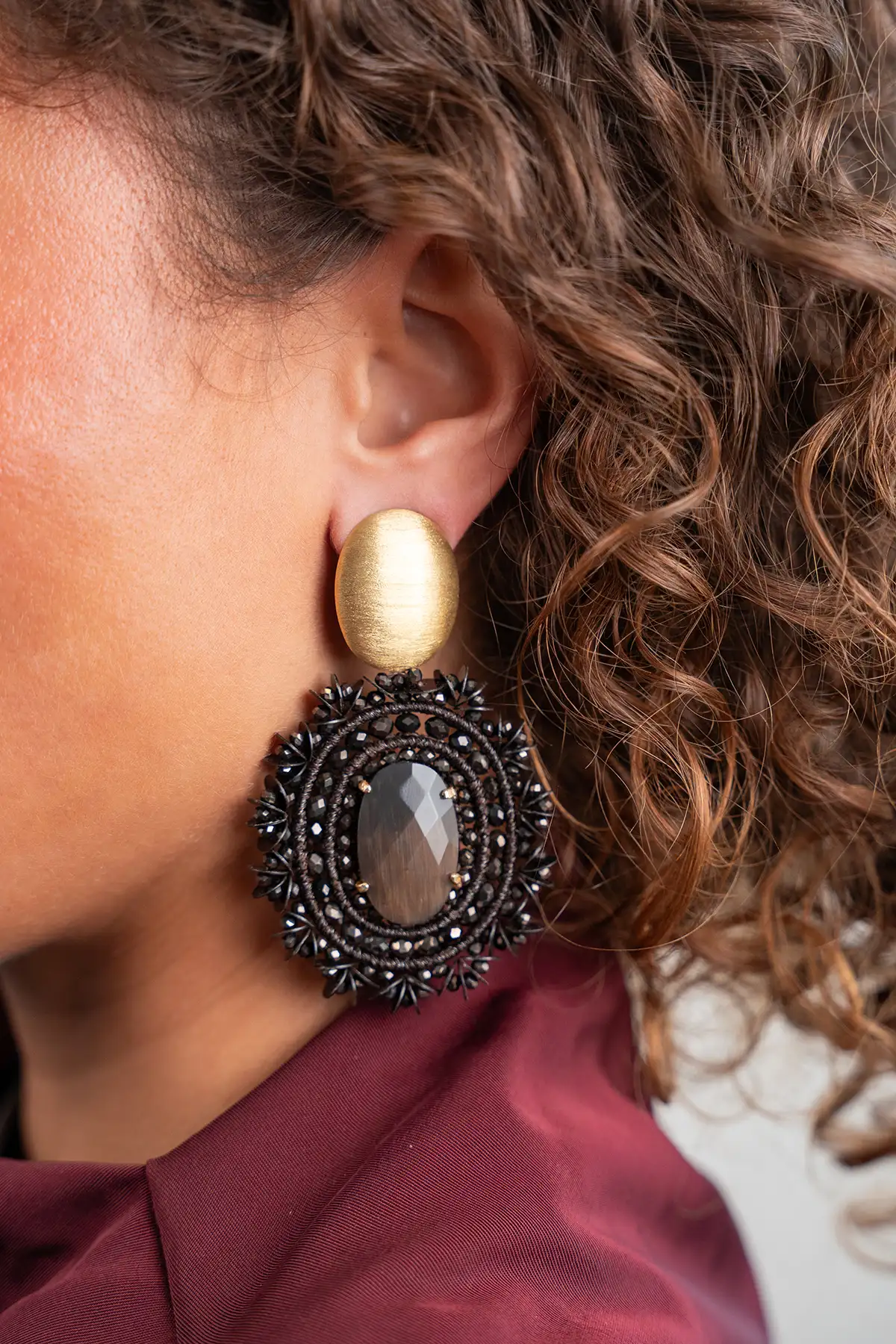 Metallic Brown Earring Silk Filled Oval with Sequins L
