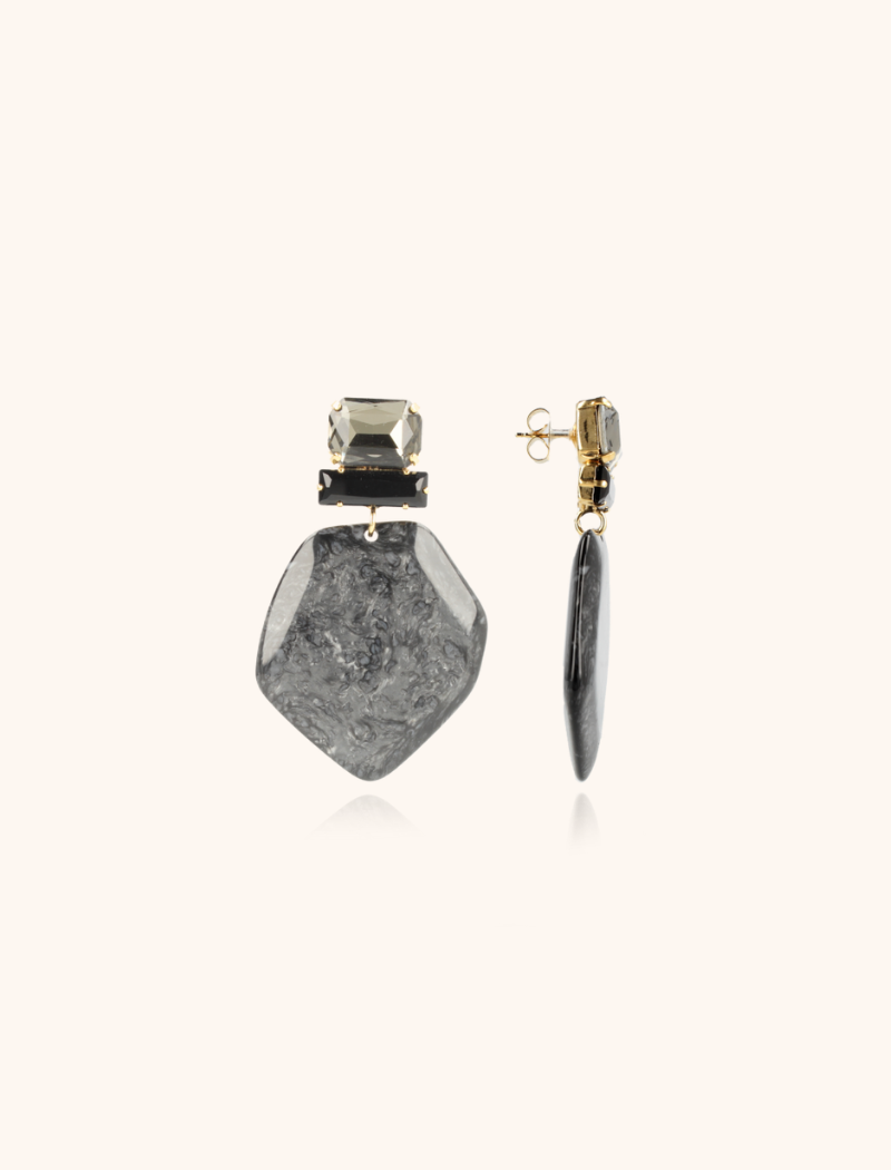 Marble Black Earrings Simone Asymmetric Rock XL Strass