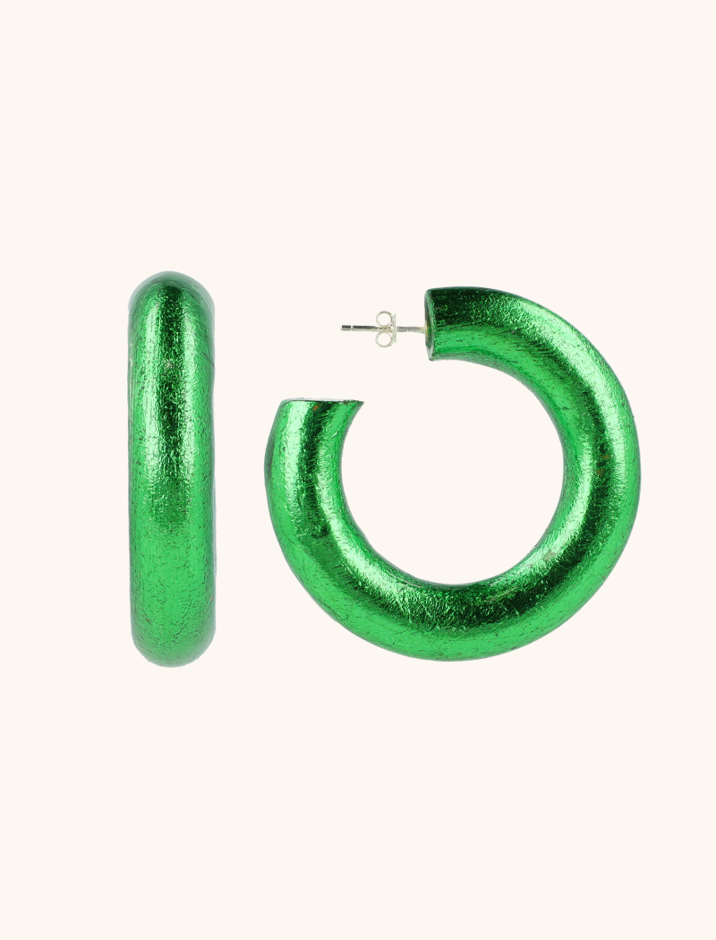 Wooden Earrings Hoop Hoop L Metallic Green