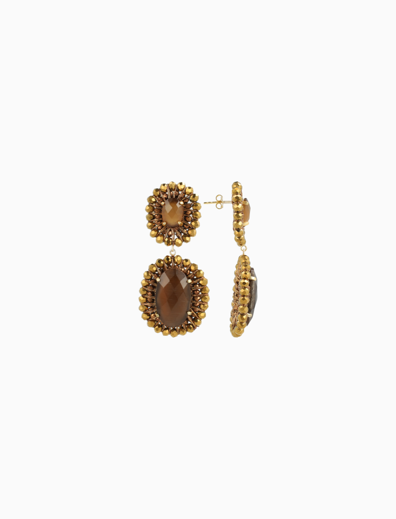 Koperen Oorbellen Double Beaded Oval