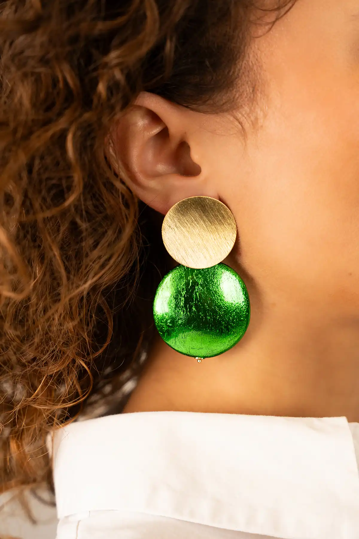 Houten Oorbellen Rond XL Metallic Groen