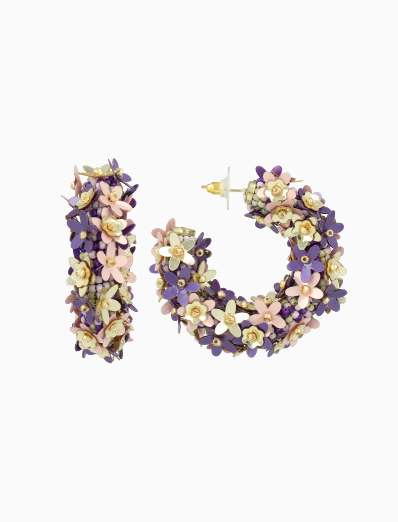 Paarse Sequin Flower Creool Oorbellen M