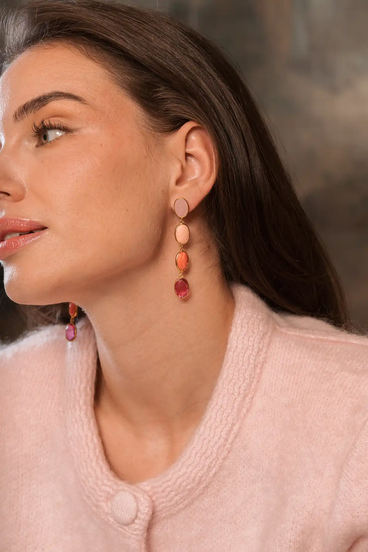 Fuchsia Earrings Four Framed Stones with Pin Anya
