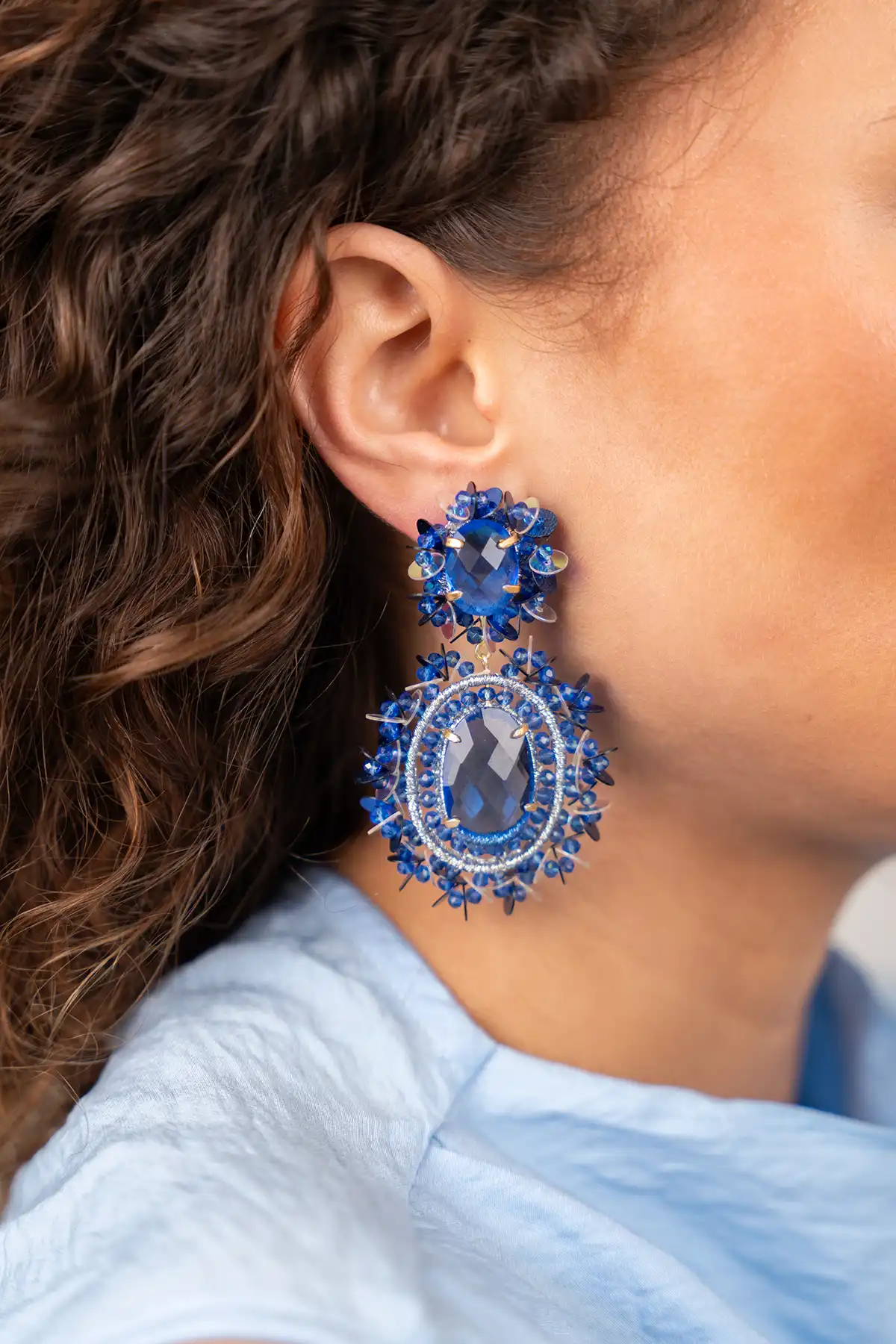 Blauwe Oorbellen Lara Pendant Earring Double w/ Sequins L