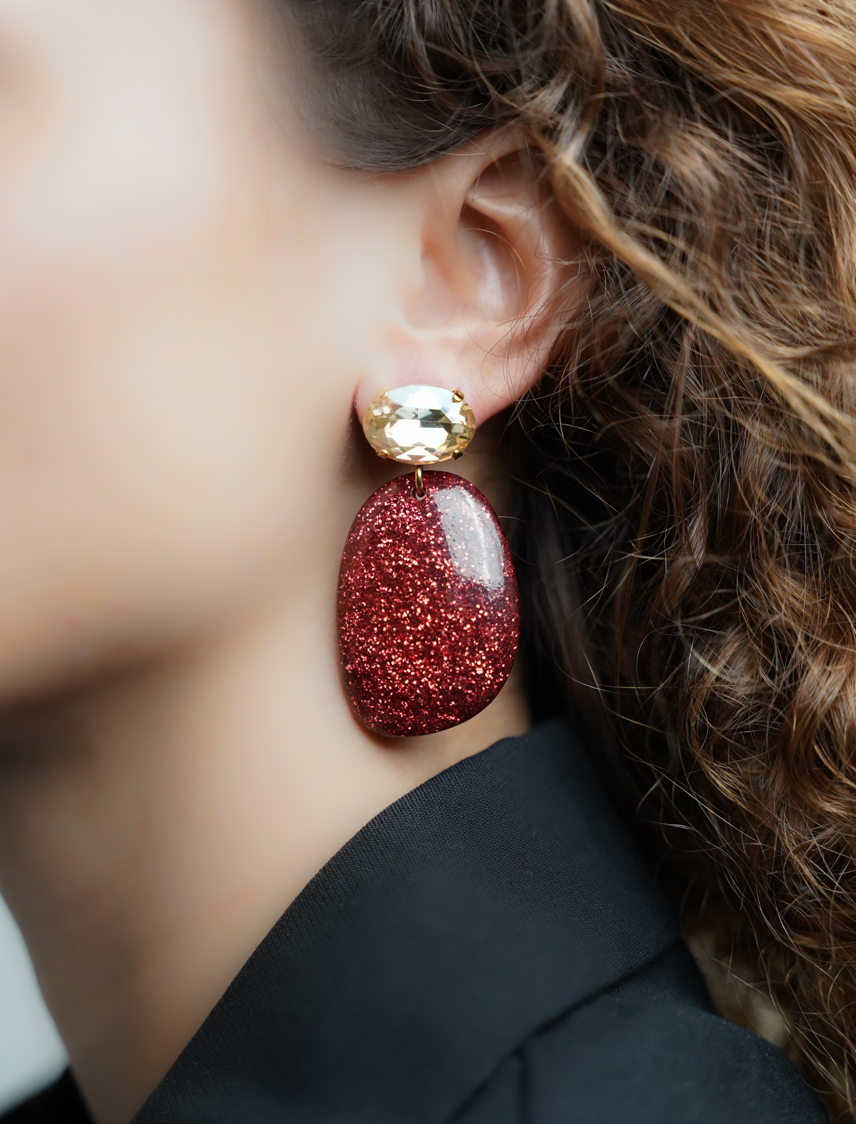 Red Glitter Earrings Aurora Oval L