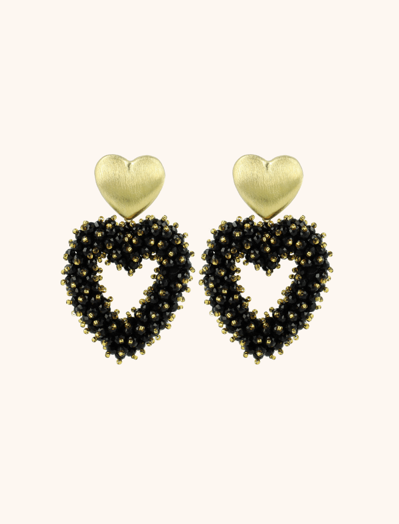 Zwarte Oorbellen Valentina Brushed Hart Double Stones