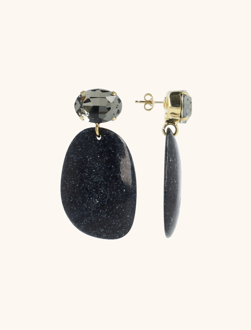 Black Glitter Earrings Aurora Oval L Strass